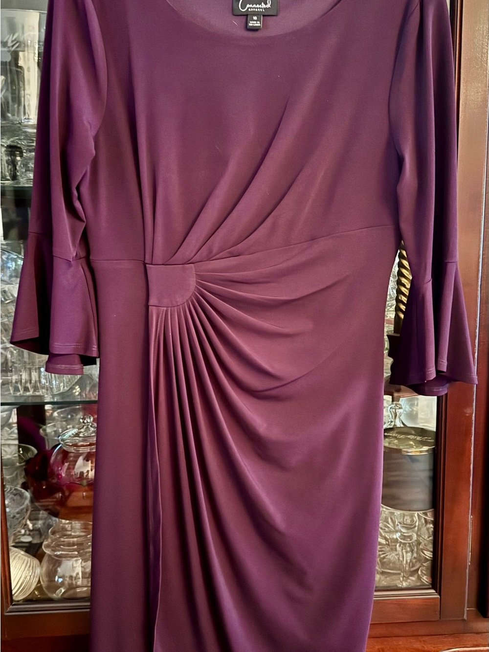 connected apparel Plum Ruched Long Sleeve Sheath Dress